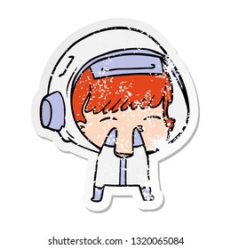 distressed sticker of a cartoon curious astronaut