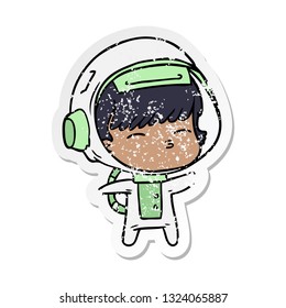 distressed sticker of a cartoon curious astronaut