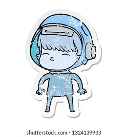distressed sticker of a cartoon curious astronaut