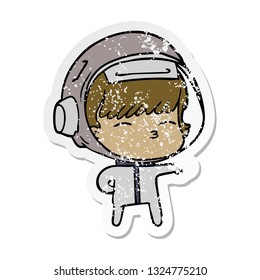 distressed sticker of a cartoon curious astronaut