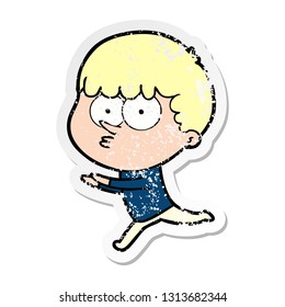 distressed sticker of a cartoon curious boy running