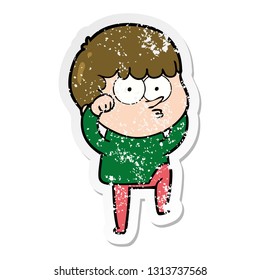 distressed sticker of a cartoon curious boy rubbing eyes in disbelief