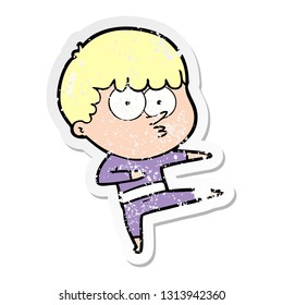 distressed sticker of a cartoon curious boy dancing