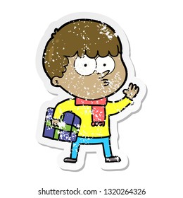 distressed sticker of a cartoon curious boy carrying a gift