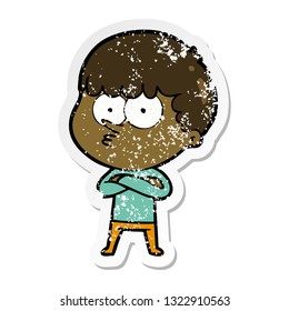 distressed sticker of a cartoon curious boy