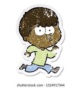 distressed sticker of a cartoon curious boy running