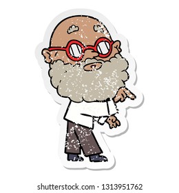 distressed sticker of a cartoon curious man with beard and glasses