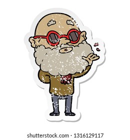distressed sticker of a cartoon curious man with beard and sunglasses