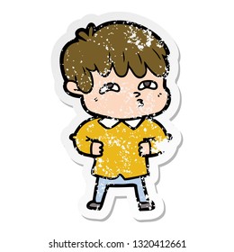 distressed sticker of a cartoon curious man