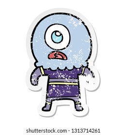 pegatina angustiada de un ciclista de caricatura espacial alienígena