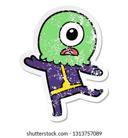 distressed sticker of a cartoon cyclops alien spaceman