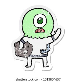 distressed sticker of a cartoon cyclops alien spaceman waving