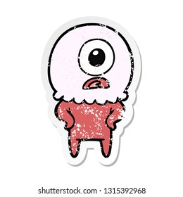 distressed sticker of a cartoon cyclops alien spaceman