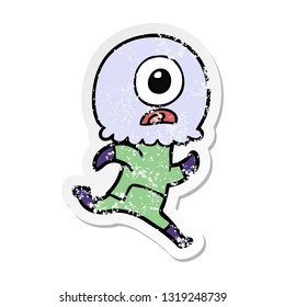 distressed sticker of a cartoon cyclops alien spaceman running