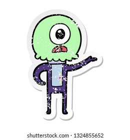 distressed sticker of a cartoon cyclops alien spaceman explaining