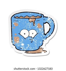 distressed sticker of a cartoon dirty office mug