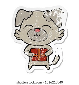 distressed sticker of a cartoon dog with present