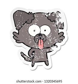 distressed sticker of a cartoon dog with tongue sticking out