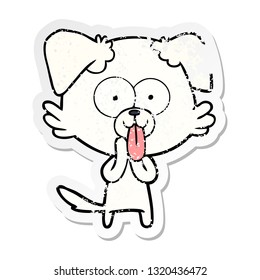 distressed sticker of a cartoon dog with tongue sticking out