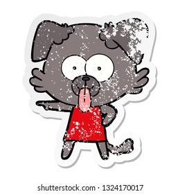 distressed sticker of a cartoon dog with tongue sticking out