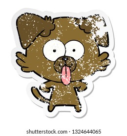 distressed sticker of a cartoon dog with tongue sticking out