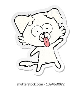distressed sticker of a cartoon dog with tongue sticking out
