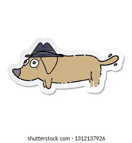 distressed sticker of a cartoon dog wearing hat