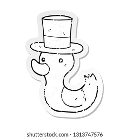 distressed sticker of a cartoon duck wearing top hat