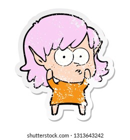 distressed sticker of a cartoon elf girl staring