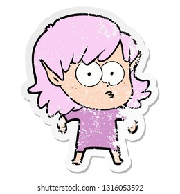 distressed sticker of a cartoon elf girl staring