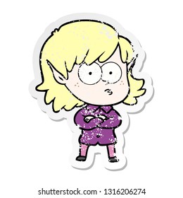 distressed sticker of a cartoon elf girl staring