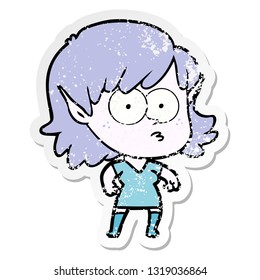 distressed sticker of a cartoon elf girl staring