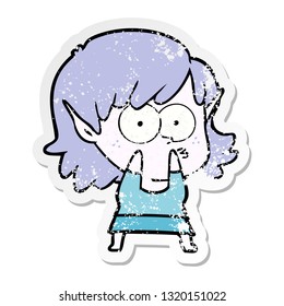distressed sticker of a cartoon elf girl staring