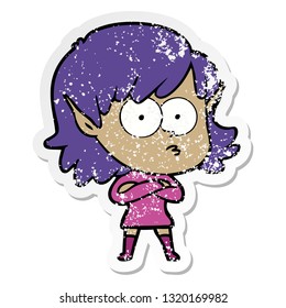 distressed sticker of a cartoon elf girl staring