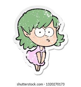 distressed sticker of a cartoon elf girl staring