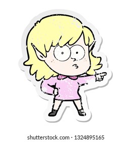 distressed sticker of a cartoon elf girl staring and pointing