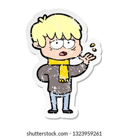 distressed sticker of a cartoon exhausted boy