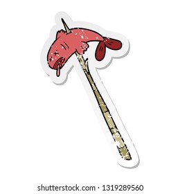 distressed sticker of a cartoon fish speared