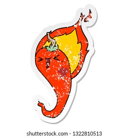 distressed sticker of a cartoon flaming hot chili pepper