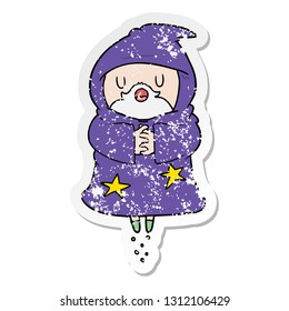 distressed sticker of a cartoon floating wizard