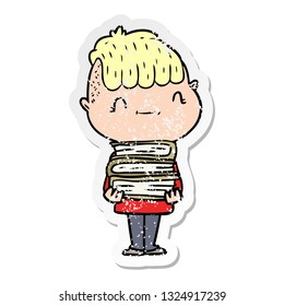 distressed sticker of a cartoon friendly boy with books