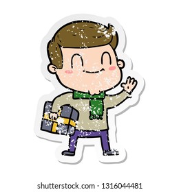 distressed sticker of a cartoon friendly man with xmas gift
