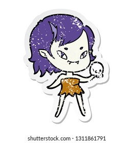distressed sticker of a cartoon friendly vampire girl with skull