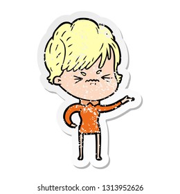 distressed sticker of a cartoon frustrated woman