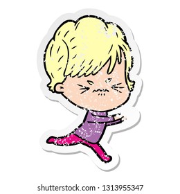 distressed sticker of a cartoon frustrated woman