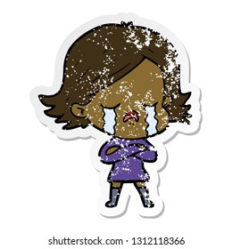distressed sticker of a cartoon girl crying