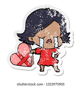 distressed sticker of a cartoon girl crying over valentines