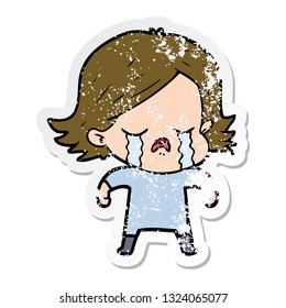 distressed sticker of a cartoon girl crying
