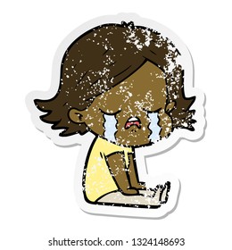 distressed sticker of a cartoon girl crying sat on floor