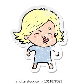 distressed sticker of a cartoon girl pulling face